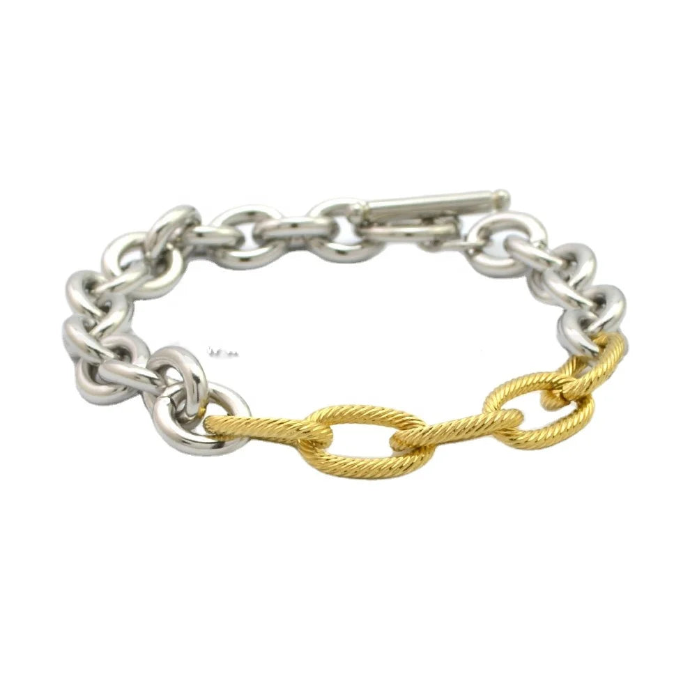 Luxury Bracelet Womens Stainless Steel Two Tone Oval Link Chains Bracelet Toggle Clasp Custom Handmade Wristband