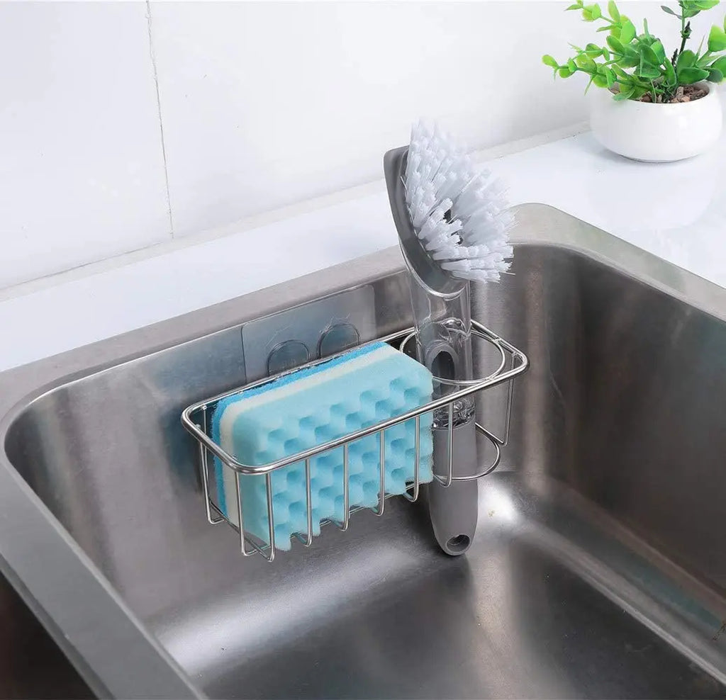 Adhesive Sponge Holder Brush Holder 2 in 1 Sink Caddy SUS304 Stainless Steel Rust Proof Water Proof