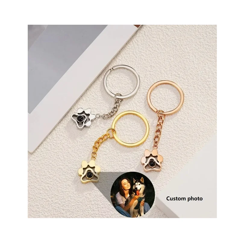 Personalized Projection Photo Keychain Custom Pet Photo Projection Paw Pendant Memorial Picture Keyring for Birthday Gift MegaBDM