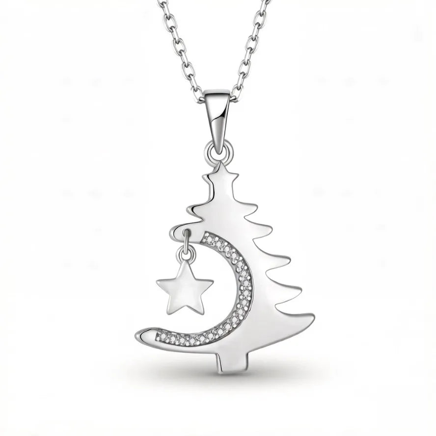925 Sterling Silver Fine Pendant Necklace Moon Star Cubic Zirconia Chic Christmas Tree Design Women's Daily Wear Fashion Jewelry