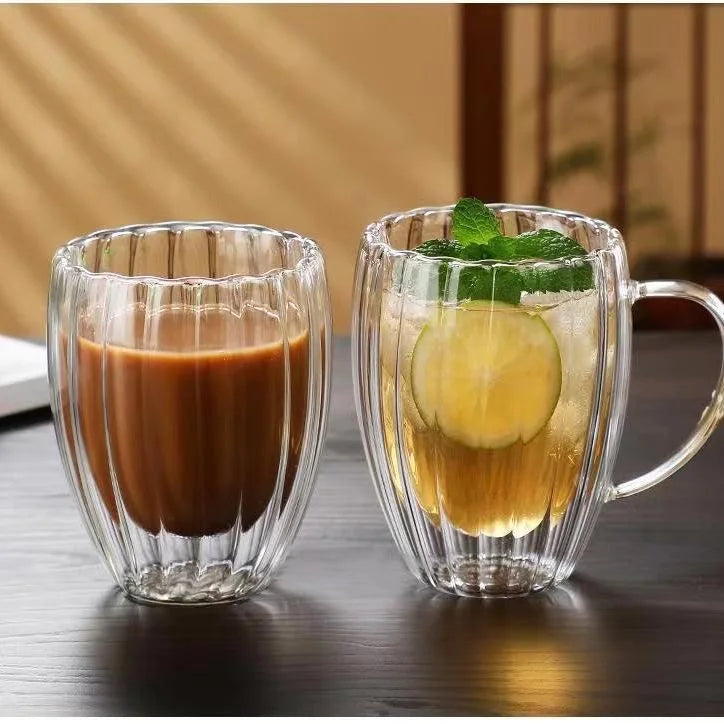 L Customized logo Double Layer  Drinking   Borosilicate Glass  Vertical Grain Striped Cups Glasses with Handle for Milk Coffee