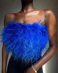 Ladies Cropped Wraps Zipper Sleeveless Bustier Corset Top Fur Strapless Ostrich Feather Top
