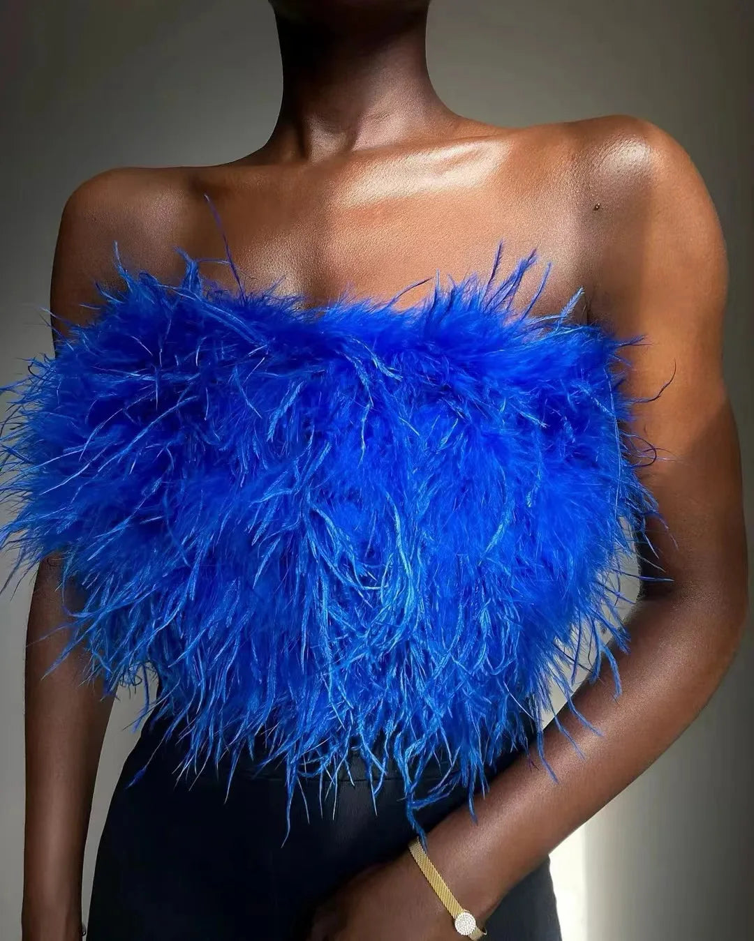 Ladies Cropped Wraps Zipper Sleeveless Bustier Corset Top Fur Strapless Ostrich Feather Top
