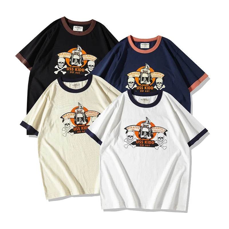 Summer Clothes Men Vintage Skulls Discharge Printed O-Neck Regular Fit 100% Cotton  Eco-Friendly Short-Sleeved Mens' T-Shirt