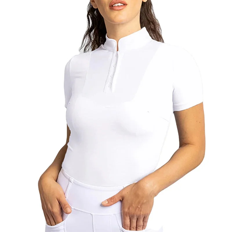 Womens Equestrian Short Sleeved Show Shirt Soft Show Shirt Short Sleeve Riding Baselayer Button Functional T-Shirt