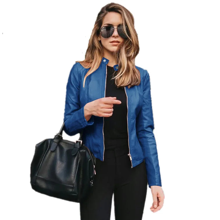 Sample Support Custom Logo Women's Fashion Leather PU Coat Jacket Long Sleeve Zipper Pocket Autumn Winter Regular Printed Fabric
