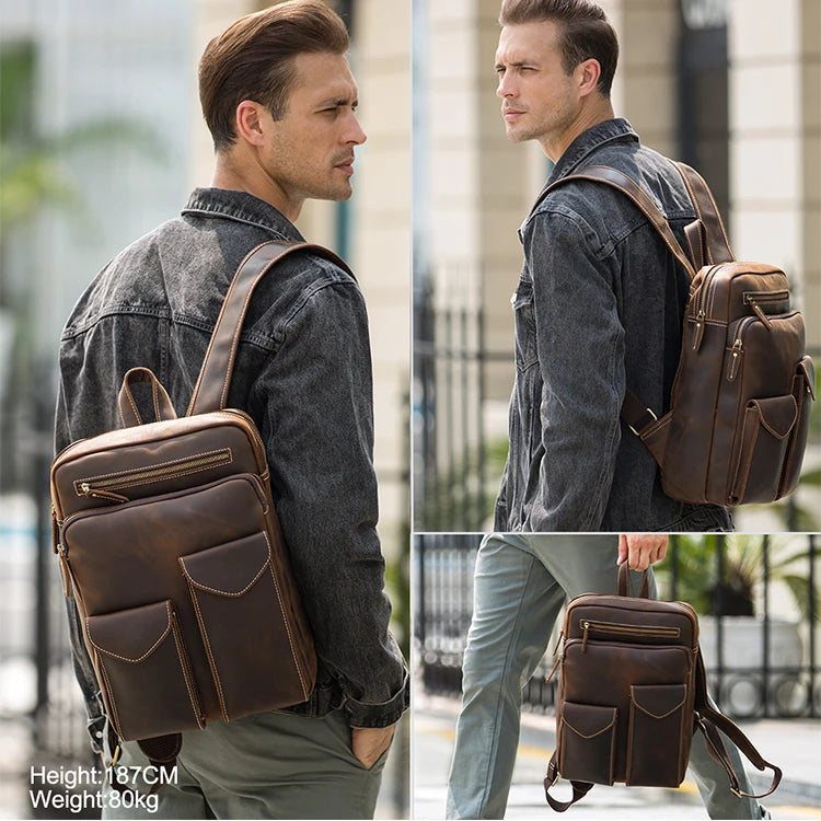 Hot Sale Customize Logo Durable Male Genuine Leather Backpack Daily Real Leather Laptop Bag Backpack for Man