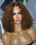 14inch 200%DensityHighlight Kinky Jerry Curly Bob WigBrazilian Virgin Hair 13X4 Lace Full Frontal WigGlueless Closure Hair Wig