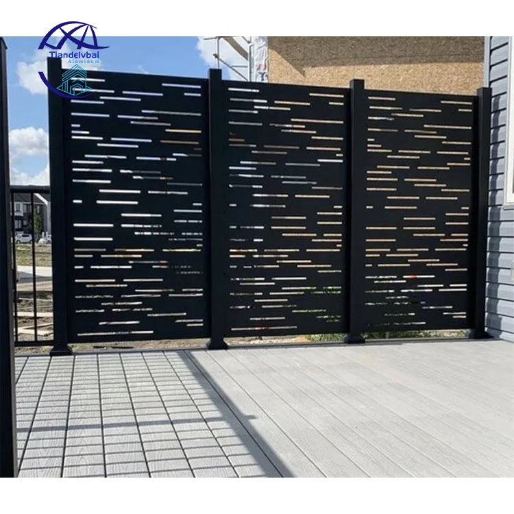 Outdoor Privacy Screen Heat Treated Black Metal Irregular Long Stripe Cutout Design Laser Cut Fence Panels