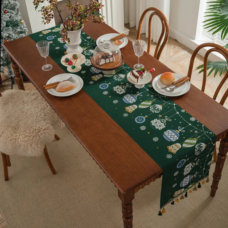 Christmas Xmas High Decor Red and Green with Tassels Macrame Tapestry 72 in Table Runner for Home Kitchen Restaurant.