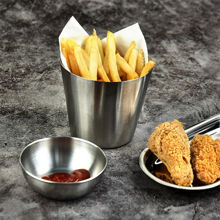 304 Polished Stainless Steel Fries Barrel Snack Cup Dipping Sauce & Cold Drink Bowl for Camping
