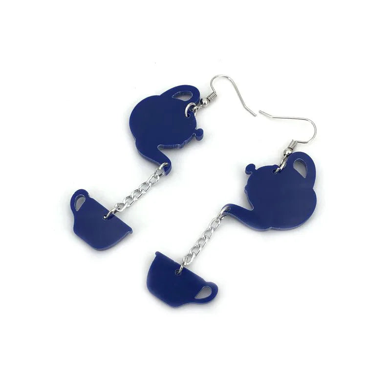 Creative New Personalized Teapot Fashion Jewelry Teacup and Tea Set Customized Long Acrylic Pendant Earrings 2024