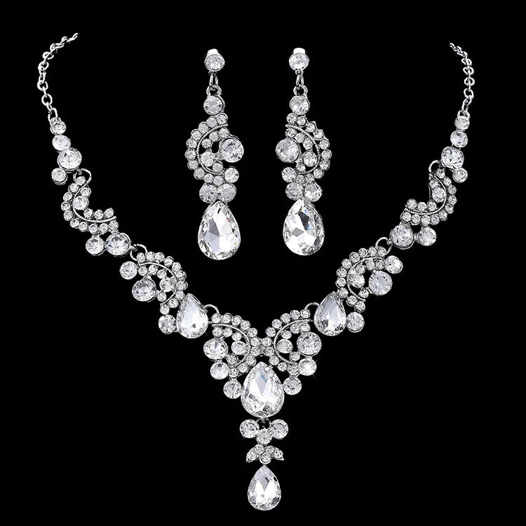 Bridal Wedding Party Costume Jewelry Sets Elegant Crystal Necklace Earrings Sets for Brides Women