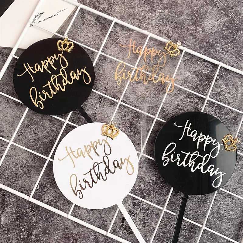 Round Shaped Macaron Birthday Cake Toppers Bronzing Acrylic Cake Topper with Small Gold Crown for Princess Party