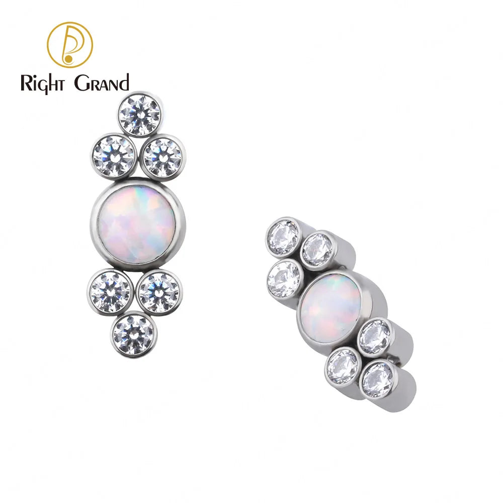 Implant Grade ASTM F136 Titanium Internal Thread Bezel Set Opal With Clear Zircon Cluster Labret Top
