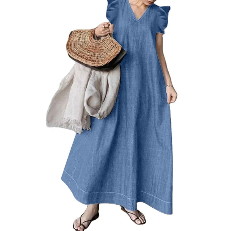 Hot Sale Women Casual Loose Dress Denim  Fashion Summer Dresses Sleeveless V Neck Maxi Jeans Dress