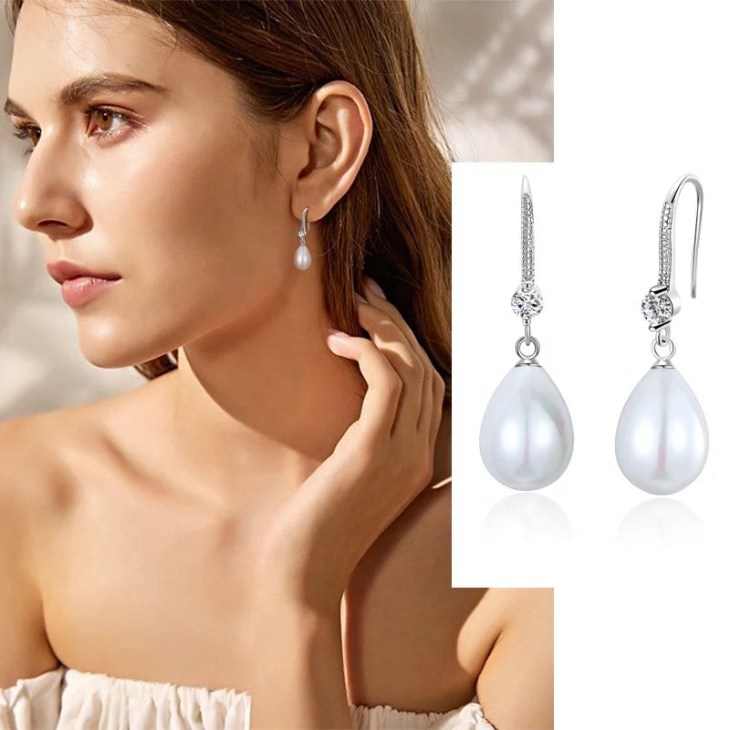 Wholesale CZ 925 Sterling Silver Jewelry Teardrop Dangle Earrings Shell Pearl Hook Earrings for Women
