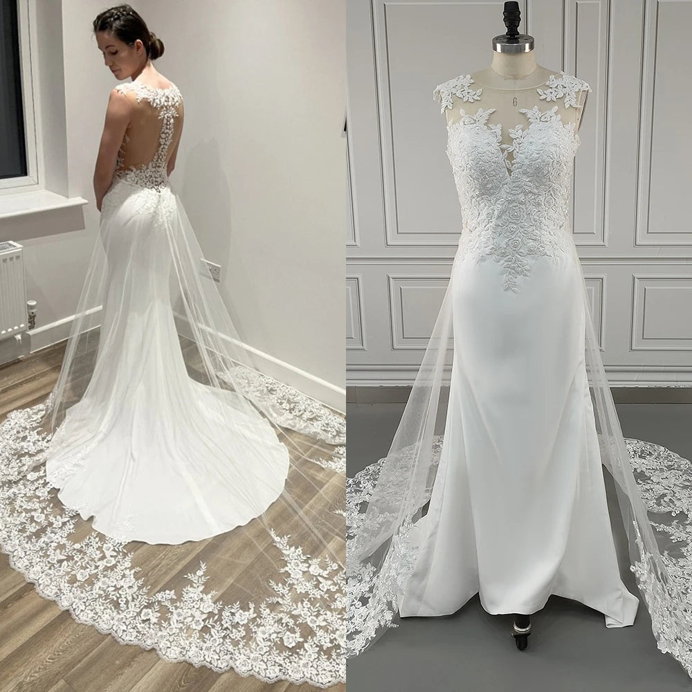 8695# Real Photos Illusion Back Satin Mermaid Wedding Dress Bridal Gown for Women With Detachable Beading Appliques Lace Train