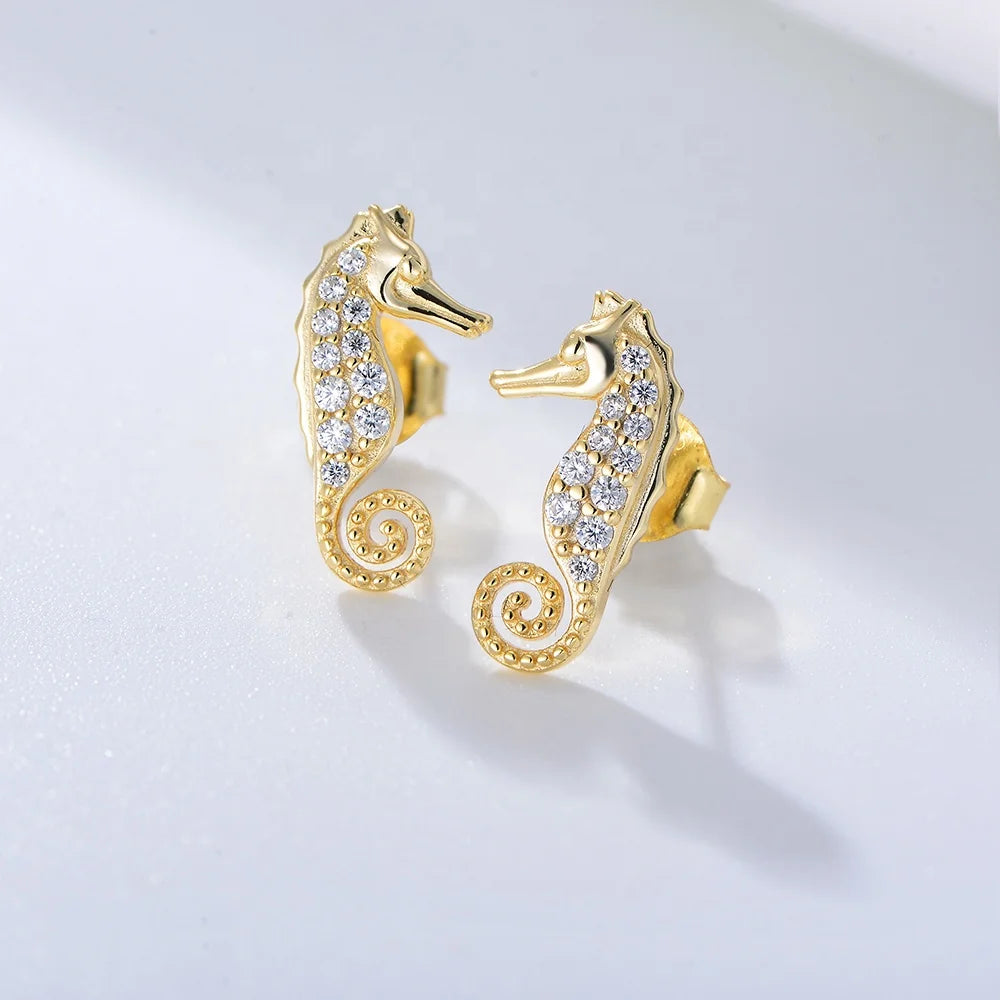 Fashion Personality S925 Sterling Silver Micro-Inlaid Zircon Cute Seahorse Small Animal Stud Earrings for Women Jewelry