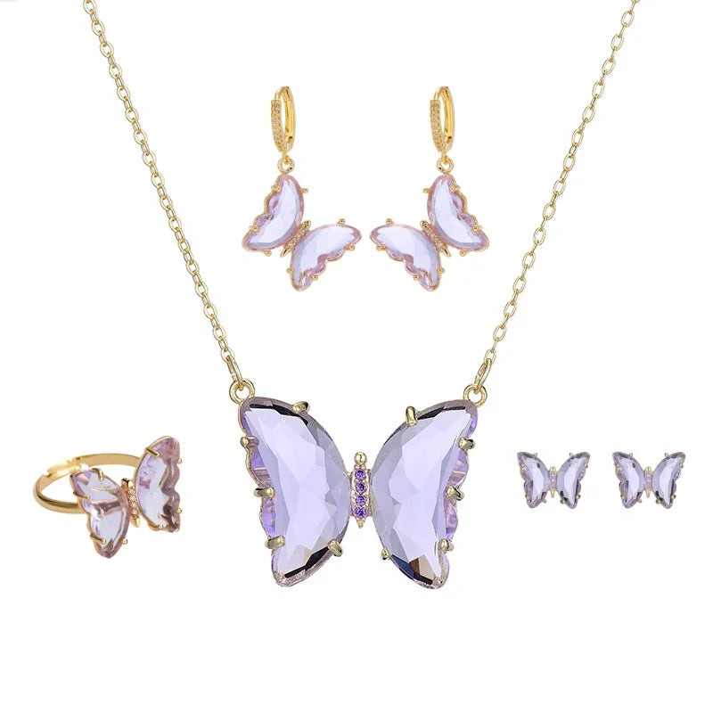 ZUOLA Luxury 18K Gold Plated Eco-friendly Trendy Hoop Studs Earring Necklace Ring Large Butterfly Pendant Shiny Jewelry Set