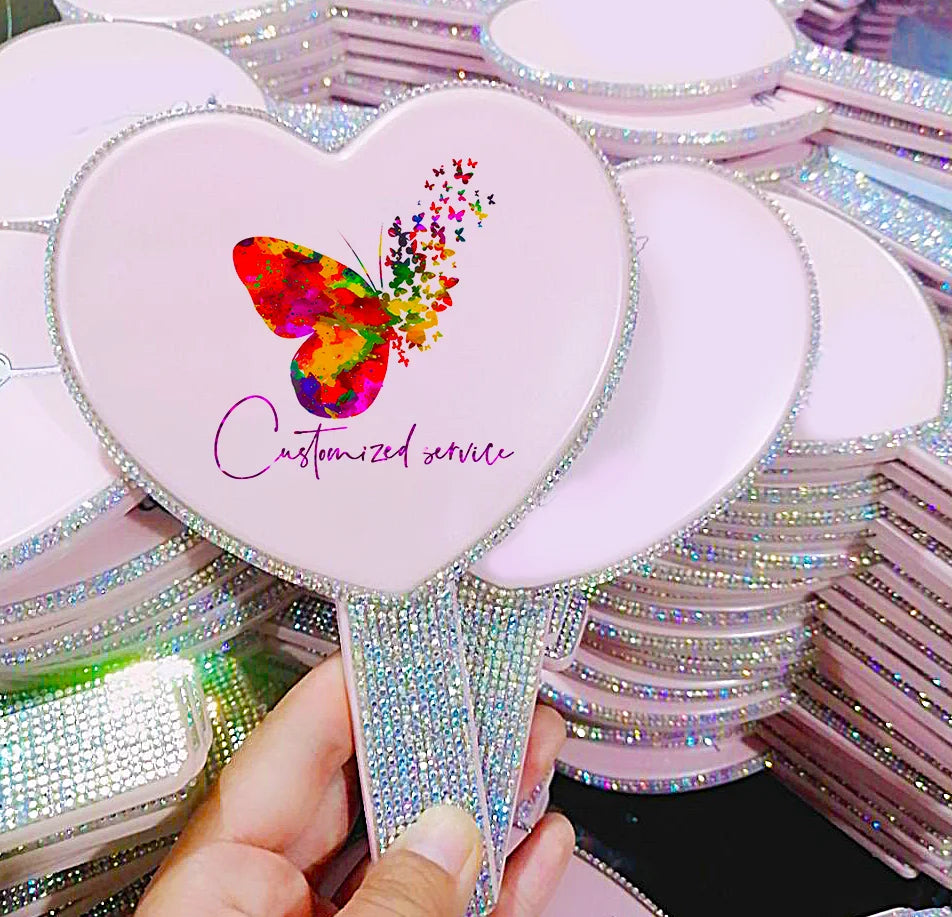 Private Label Single Side Plastic Handheld Square Heart Mirror Cosmetic Makeup Bling Diamond Hand Mirrors for Women