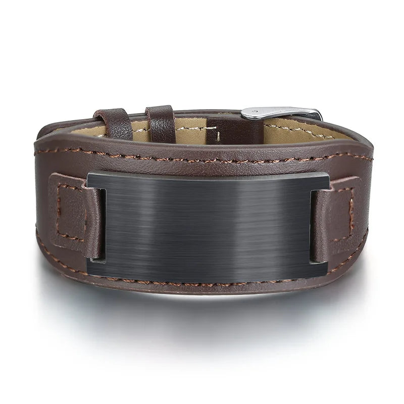 Titanium Steel Jewelry Stainless Steel Black Curved Brand Leather Bracelet Adjustable Men's Leather Bracelet Wristband Engraved