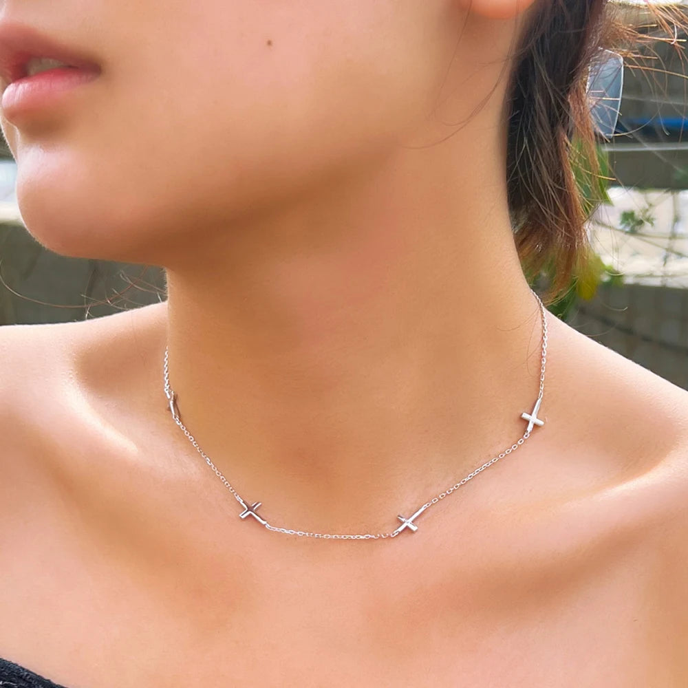 Dainty Women Fine Jewelry Hypoallergenic 925 Sterling Silver Cross Choker Chain Link Necklace for Lady Summer Accessories