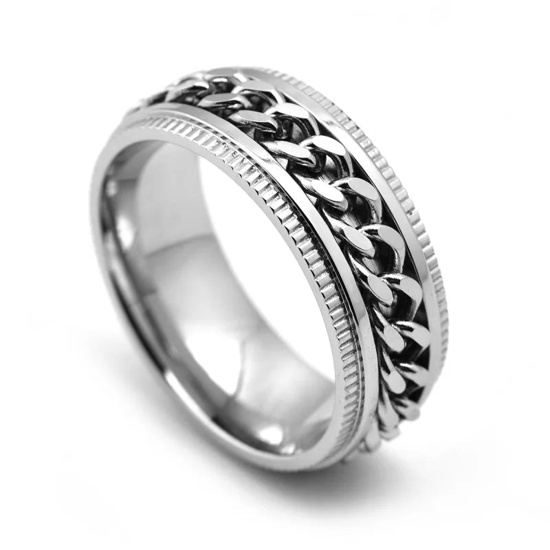Men's Modern Stainless Steel Spinner Chain Ring Cool Rotatable Fidget Band with Engraved Stress Relief Fashion Jewelry