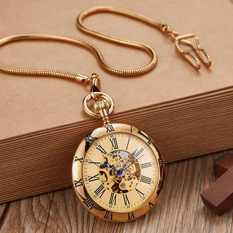 Weflourish MP005 Antique Skeleton Automatic Mechanical Brass Pocket Watch with Snake Chain