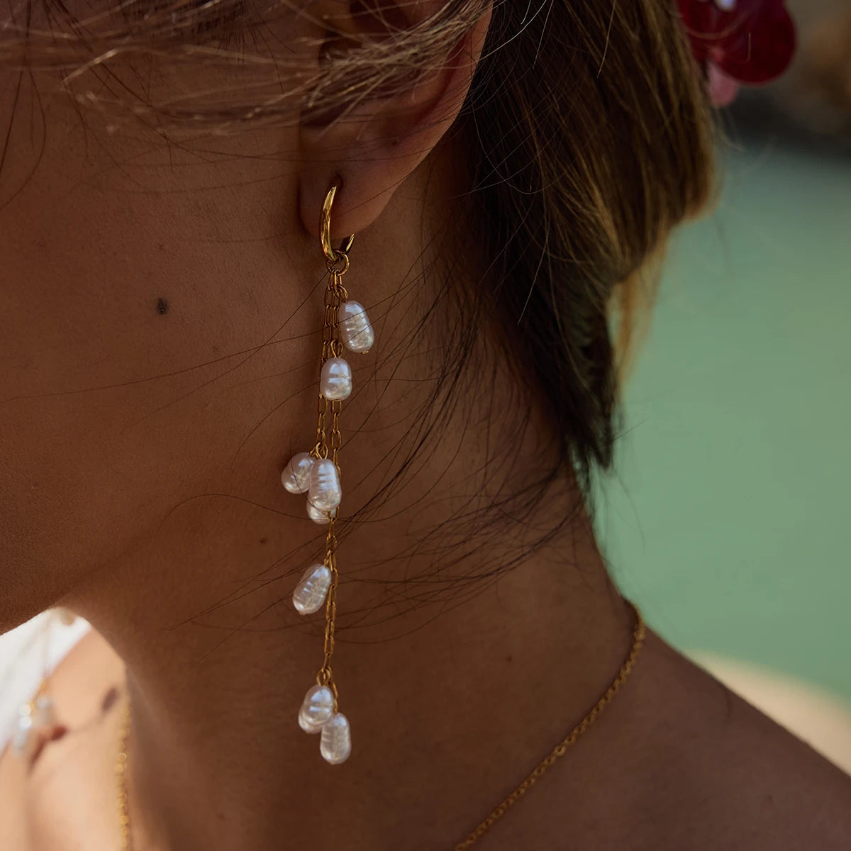 J&D 18k Gold Plate Stainless Steel Jewelry Waterproof Elegant Style Acrylic Pearl Tassel Earrings