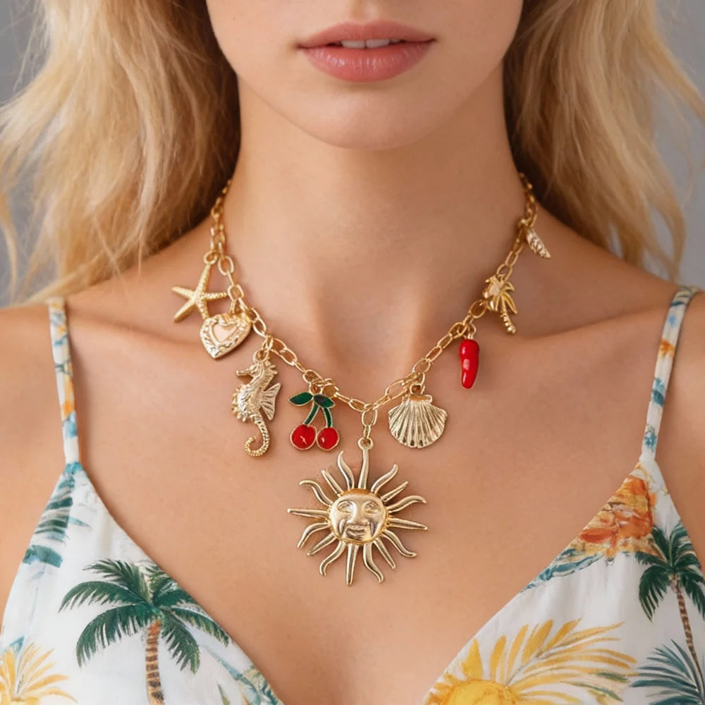Vintage Face Sun/Scallop/Heart Multi Pendants Necklace for Women Trendy Lady Street Cross Chain Choker Fashionable Jewelry Gifts MegaBDM