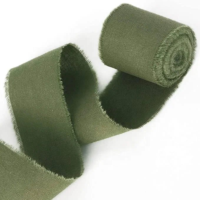 Dark Green Handmade 1 1/2 Inches Wrapping Cotton Ribbons Natural Fabric Raw Edge Cotton Ribbon for Bridal Bouquets