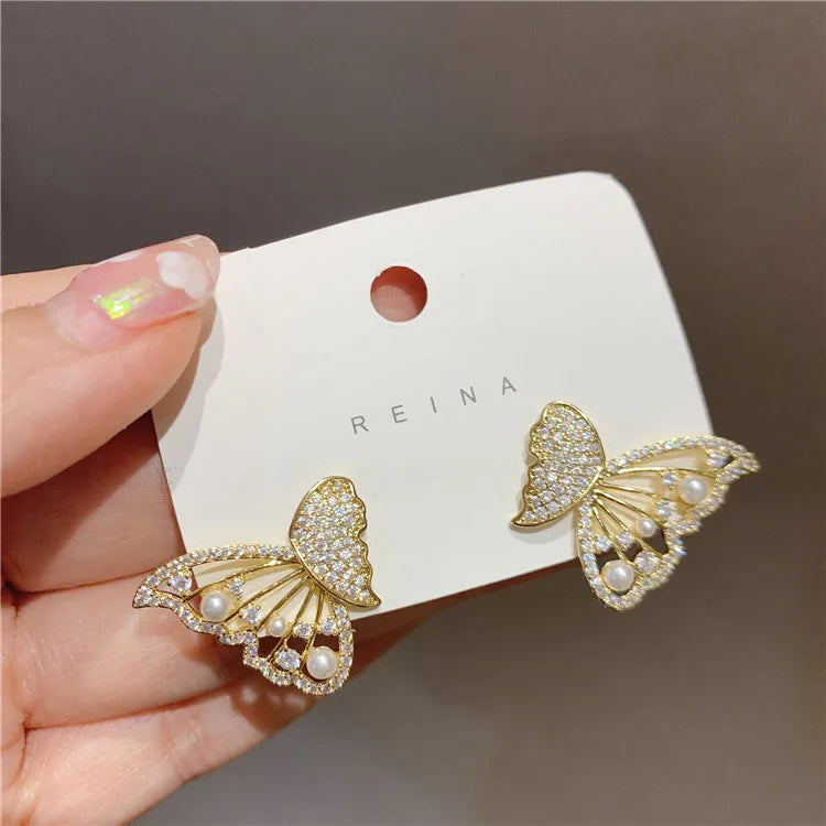 Best Selling Round Dangle Drop Korean Earrings Butterfly Pearl Rhinestone Earrings