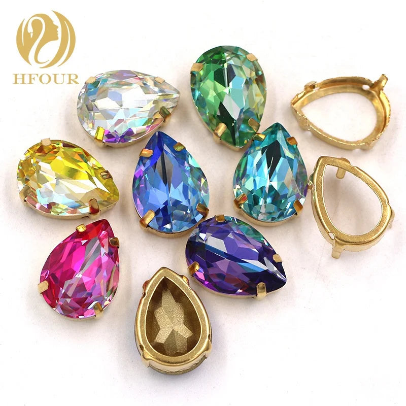 New Arrival K9 Glass Laser Color Drop Shape Sew on Crystal Rhinestones