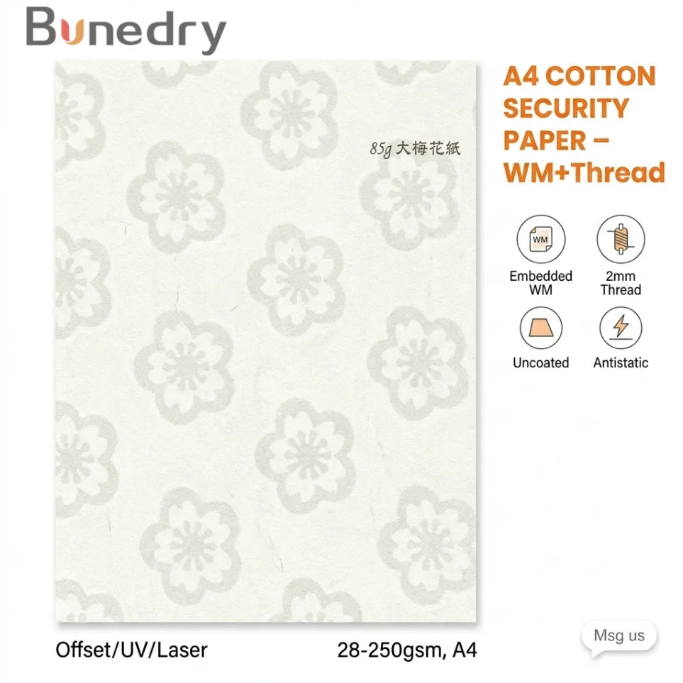 A4 Small Wood Pulp Security Paper Watermark Security Thread Uncoated Cotton for Offset Printing Antistatic Carton Packed
