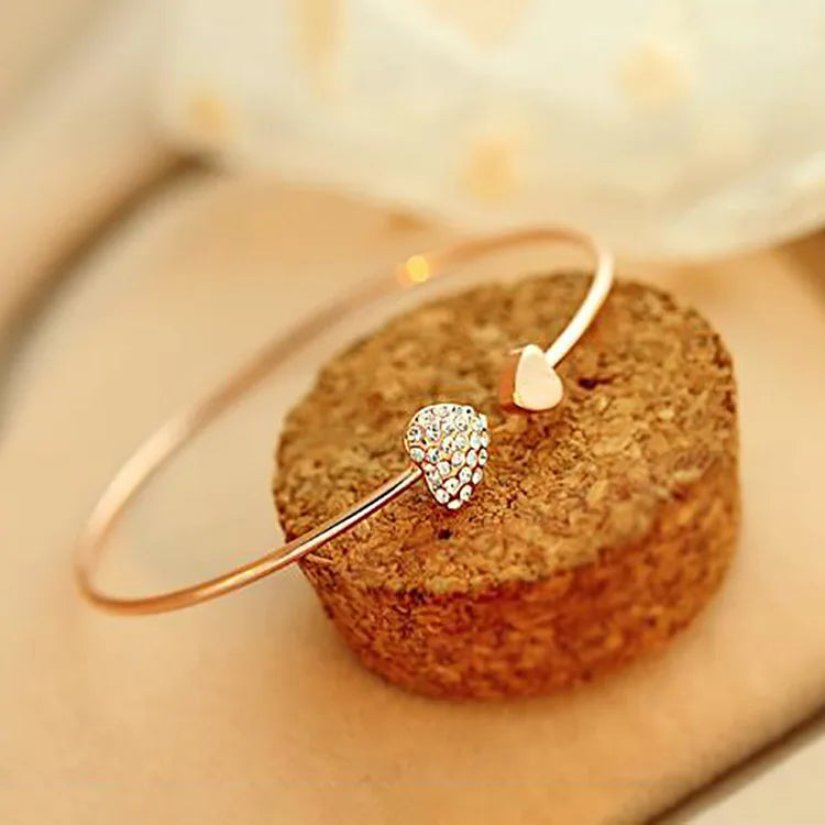 Hot New Fashion Adjustable Crystal Double Heart Bow Cuff Opening Bracelet Gold Bracelet for Women Jewelry Gift