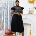 See Through Black Formal Midi Pleated Afrian Women Evening Lace Dress