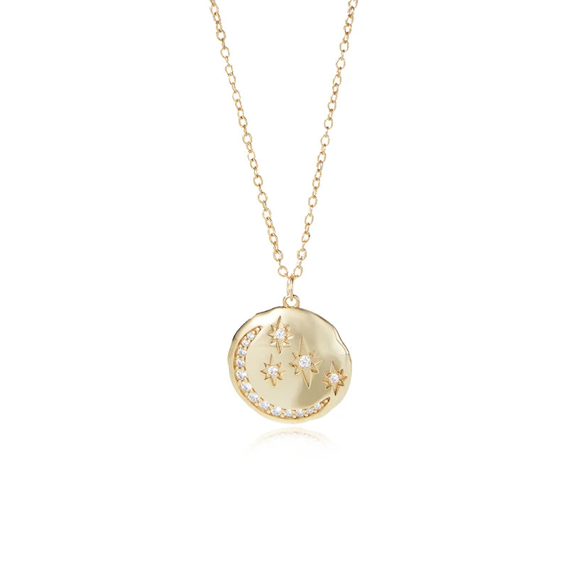Wholesale 925 Sterling Silver 14K Gold Plated Zirconia Moon and Star Coin Pendant Necklace