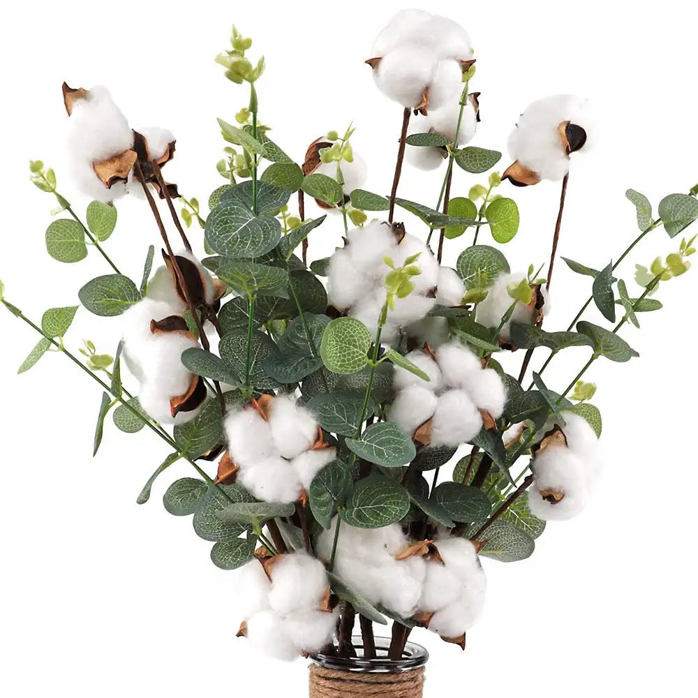 Cotton Stems Flowers 4 Cotton Heads Floral Stems for Home Farmhouse Floral Decoration with Eucalyptus Leaves Per Stem Cotton
