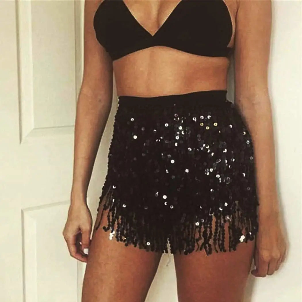 Women Girls Music Festival Sequin Skirt Belly Dance Hip Scarf Fringe Tassel Skirts