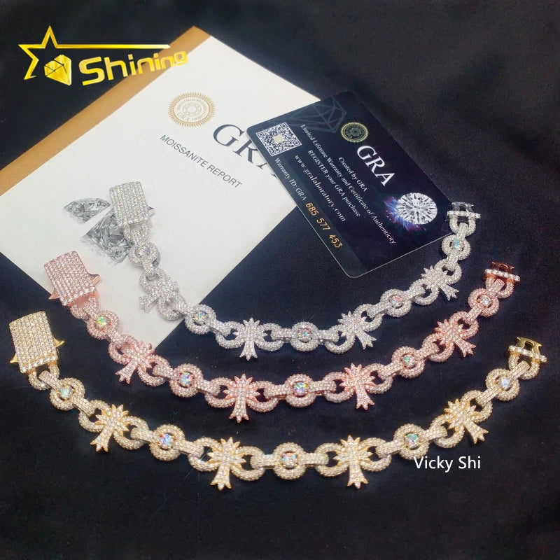 Hip Hop Jewelry Iced Out Diamond Men Fashion Bracelets Gold Plated 925 Sterling Silver Cross Moissanite Cuban Bracelet