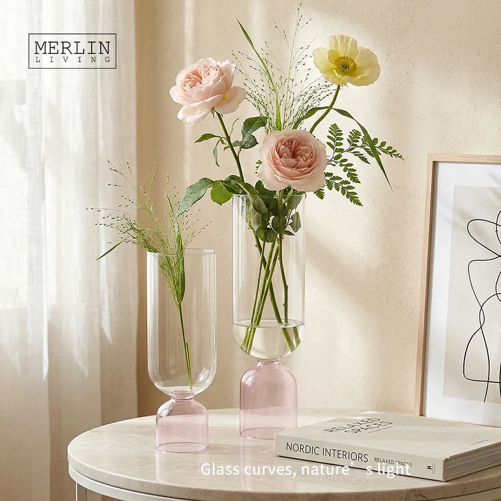 Merlin Living Pink Coloured Hydroponic Glass Vase Set Clear Cylinder Terrarium & Bud Flower Vase Colored Crystal Vases