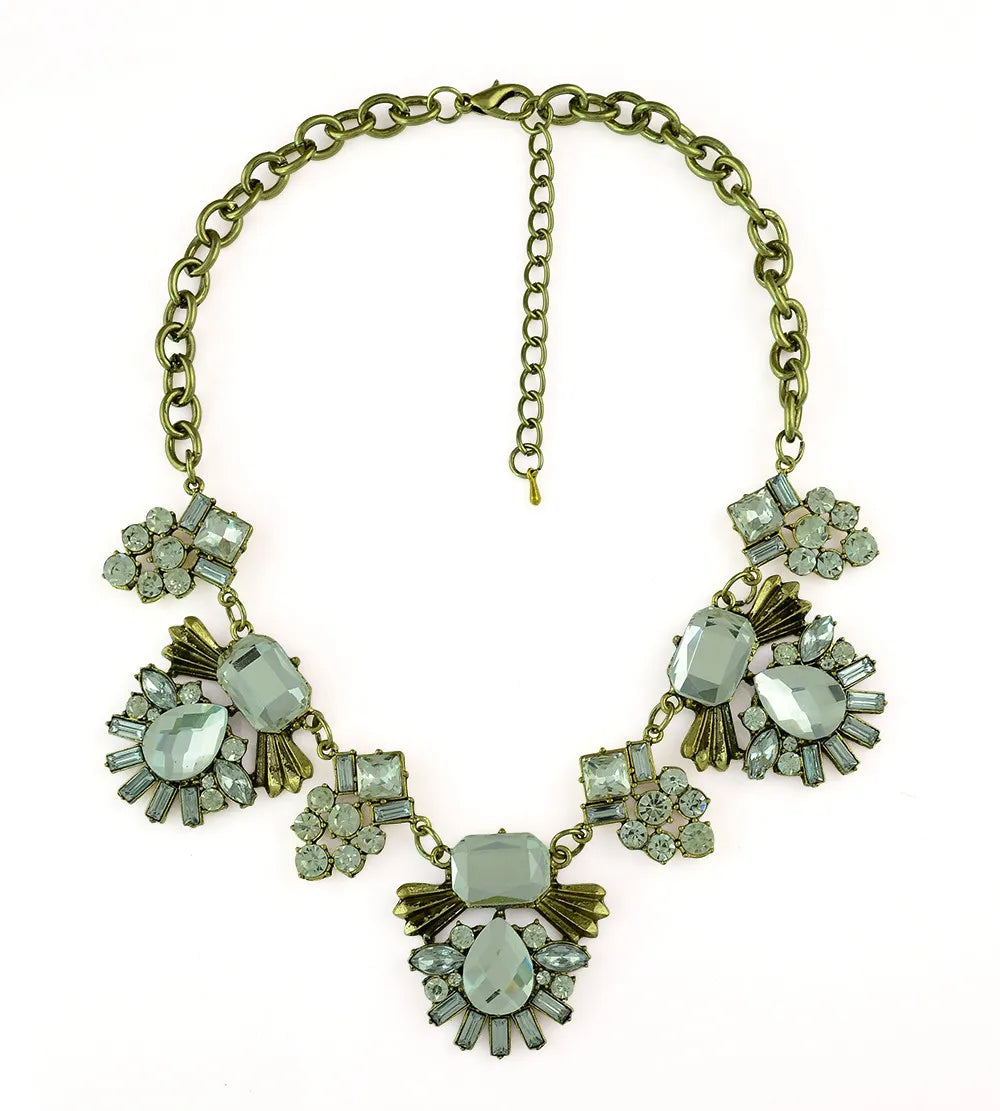 European Bronze Metal Crystal Flower Drop Statement Necklace