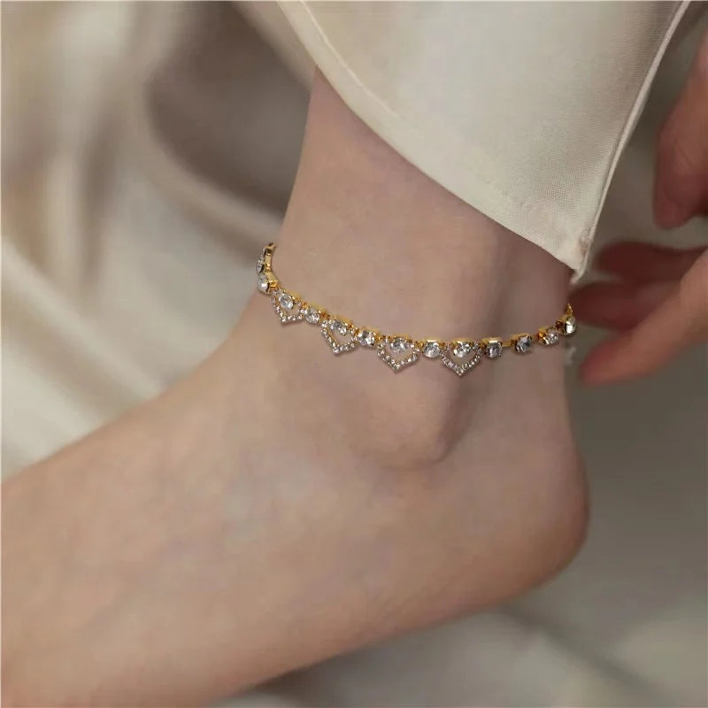 Gaby Shiny Diamond Anklets Heart Dangle Anklets Beach with Double Chain Anklet for Women Wholesale Body Jewelry