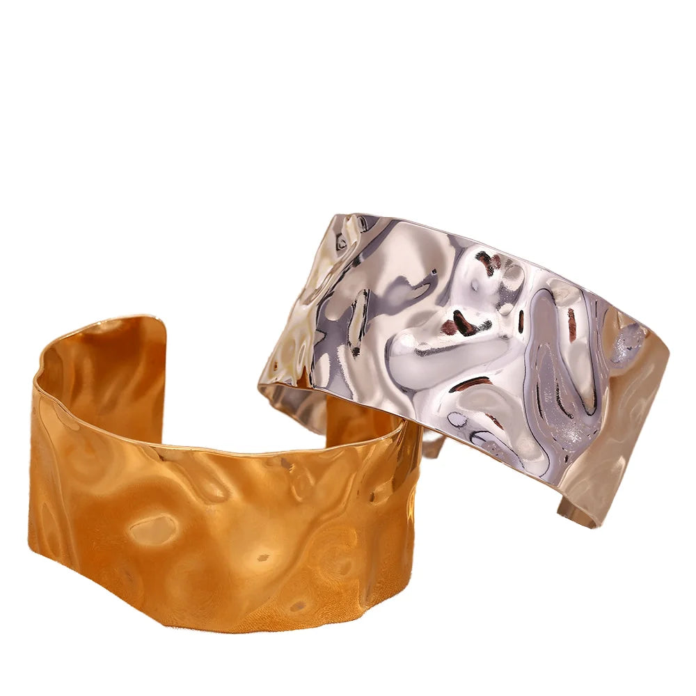 Light Luxury Widened Concave Convex 18k Stainless Steel Gold Plated Retro Style Bracelet for Women