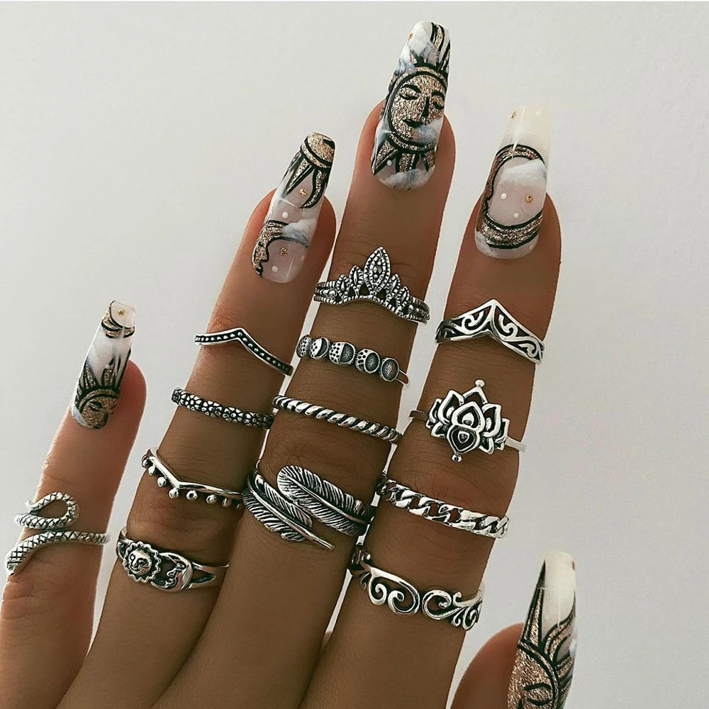 VKME  Vintage Retro Hot Selling Ring Sets Hollow Lotus Snake 14 Piece Set Ring Black Stone Finger Ring for Women Jewelry