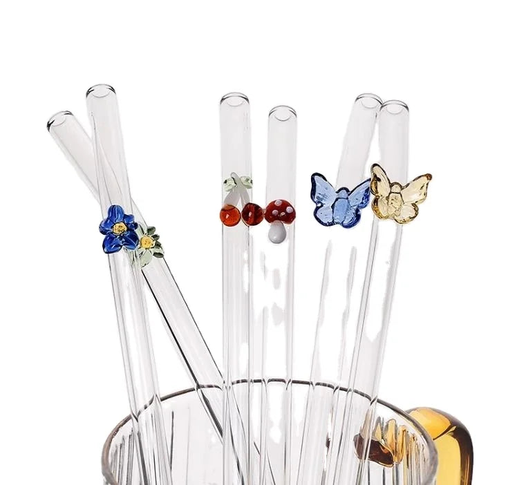 Reusable Borosilicate Butterfly Mushroom Glass Drinking Straws High Temperature Resistance Clear Colored Bent Cocktail Straw
