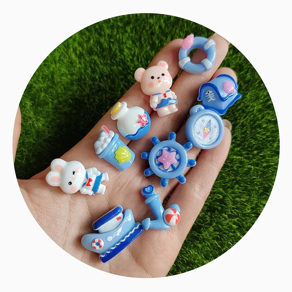 100Pcs Ocean Style Summer Vacation Theme Resin Flatback Cabochons Mini Sailboat Anchor Dial Life Buoy Figurines for DIY Crafts