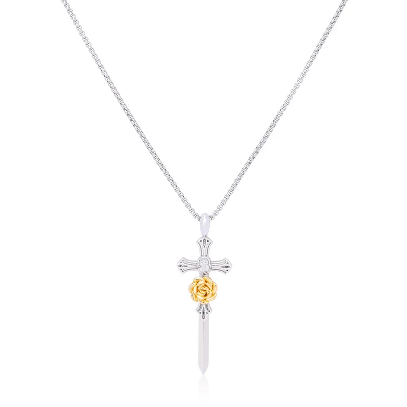 925 Sterling Silver Gold Plated Vintage Classic  Blossom Romantic Rose Flower Cross Necklace for Man Gothic Punk Jewelry