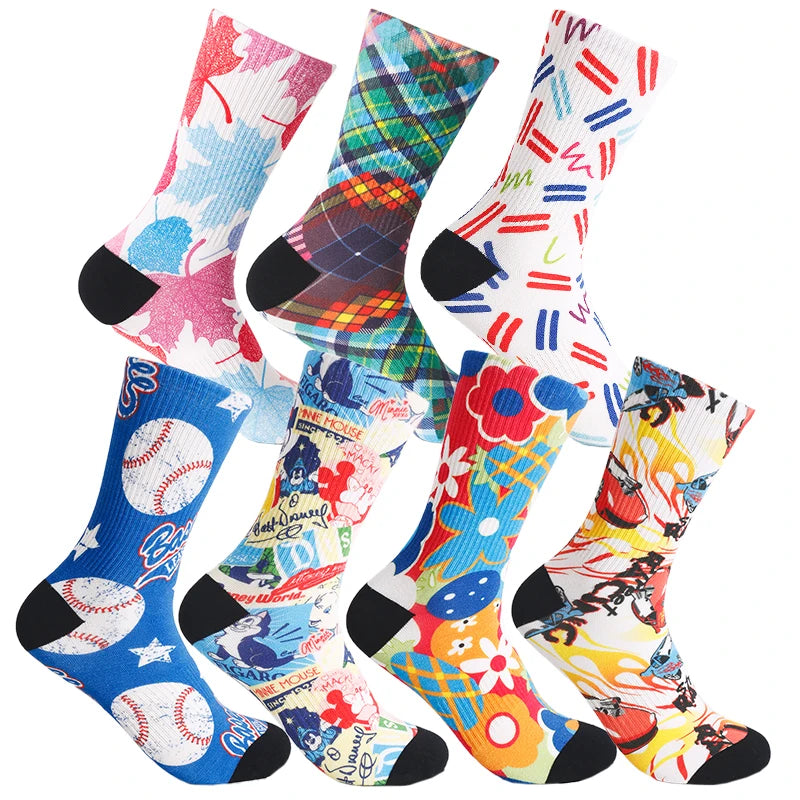 Colorful  Funny Sublimation 3D Seamless 360 Digital Printed Crew Cotton Socks Design for Men and Women
